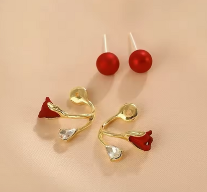 Elegantes Pendientes Rojos de Perlas con Forma de Tulipán